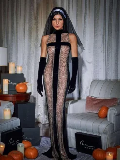 Embellishment|Dresses*Embellishment Pablo High Neck Chain Fringe Maxi Dress With Gloves In Black