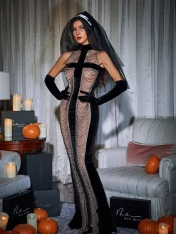 Embellishment|Dresses*Embellishment Pablo High Neck Chain Fringe Maxi Dress With Gloves In Black