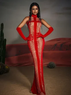 Embellishment|Dresses*Embellishment Pablo High Neck Chain Fringe Maxi Dress With Gloves