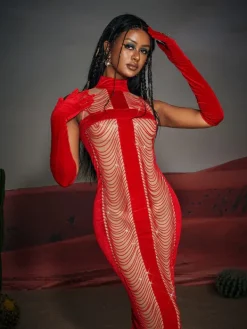 Embellishment|Dresses*Embellishment Pablo High Neck Chain Fringe Maxi Dress With Gloves