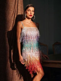 Embellishment|Dresses*Embellishment Pamina Spaghetti Glitter Fringe Mini Dress