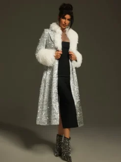 Coats & Jackets*Mew Mews Fashion Panue Faux Fur Collar Sequin Coat