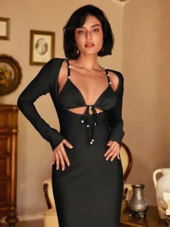 Dresses|Midi Dresses*Bandage Patricia Long Sleeve Pearl Midi Dress