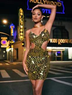 Embellishment|Dresses*Embellishment Pennie Spaghetti Cutout Acrylic Mini Dress
