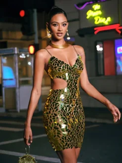 Embellishment|Dresses*Embellishment Pennie Spaghetti Cutout Acrylic Mini Dress