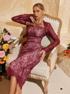 Dresses|Midi Dresses*Mew Mews Fashion Pepita Spaghetti Lace Midi Dress With Shrug