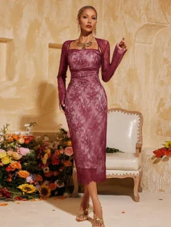 Dresses|Midi Dresses*Mew Mews Fashion Pepita Spaghetti Lace Midi Dress With Shrug