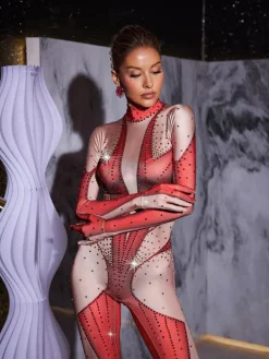 Jumpsuits & Romper|Embellishment*Nuo Fansi Pera Body Printed Rhinestone Gloves Jumpsuit In Red