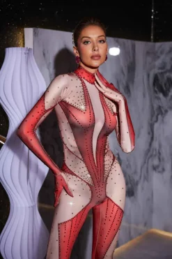 Jumpsuits & Romper|Embellishment*Nuo Fansi Pera Body Printed Rhinestone Gloves Jumpsuit In Red