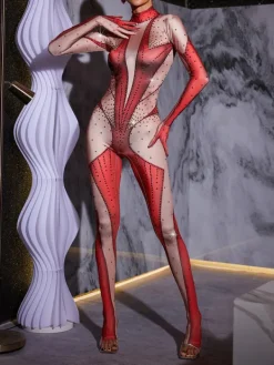 Jumpsuits & Romper|Embellishment*Nuo Fansi Pera Body Printed Rhinestone Gloves Jumpsuit In Red