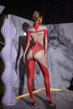 Jumpsuits & Romper|Embellishment*Nuo Fansi Pera Body Printed Rhinestone Gloves Jumpsuit In Red