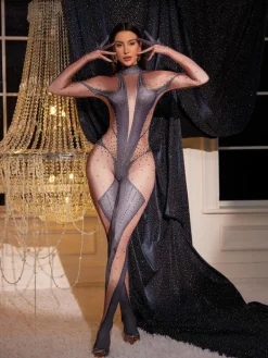 Embellishment*Nuo Fansi Pera Body Printed Rhinestone Gloves Jumpsuit In Grey