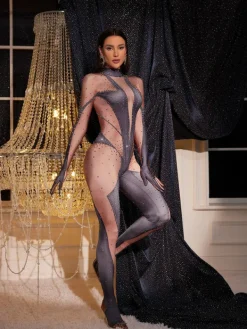 Embellishment*Nuo Fansi Pera Body Printed Rhinestone Gloves Jumpsuit In Grey