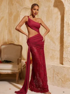 Dresses|Maxi Dresses*Mew Mews Fashion Phelia Cutout Lace Draped Maxi Dress In Wine