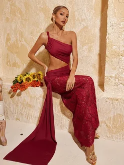 Dresses|Maxi Dresses*Mew Mews Fashion Phelia Cutout Lace Draped Maxi Dress In Wine