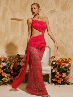 Dresses|Maxi Dresses*Mew Mews Fashion Phelia Cutout Lace Draped Maxi Dress In Red