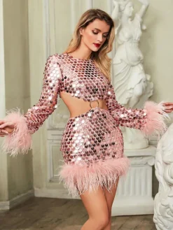Dresses*Mew Mews Fashion Philippine Long Sleeve Sequin Feather Cutout Mini Dress