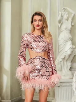 Dresses*Mew Mews Fashion Philippine Long Sleeve Sequin Feather Cutout Mini Dress