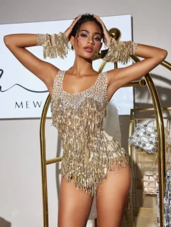 Bodysuits|Tops*Embellishment Pisan U Neck Sequin Fringe Bodysuit With Gloves