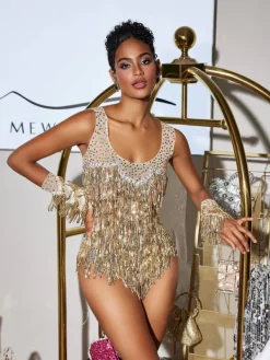 Bodysuits|Tops*Embellishment Pisan U Neck Sequin Fringe Bodysuit With Gloves