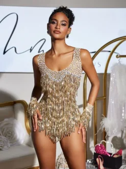 Bodysuits|Tops*Embellishment Pisan U Neck Sequin Fringe Bodysuit With Gloves