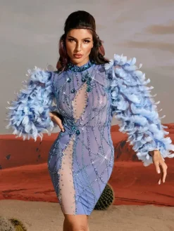 Embellishment|Dresses*Embellishment Platon Long Sleeve Feather Embellished Mini Dress