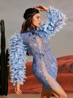 Embellishment|Dresses*Embellishment Platon Long Sleeve Feather Embellished Mini Dress