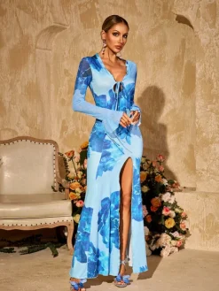 Dresses|Maxi Dresses*Mew Mews Fashion Pyxaris V Neck Split Floral Maxi Dress