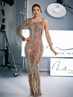 Embellishment|Dresses*Embellishment Quentin Printed Rhinestone Fringe Maxi Dress