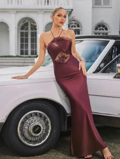 Dresses|Maxi Dresses*Mew Mews Fashion Quivara Halterneck Trimmed Satin Maxi Dress