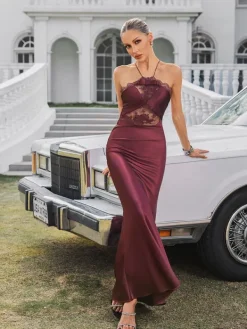 Dresses|Maxi Dresses*Mew Mews Fashion Quivara Halterneck Trimmed Satin Maxi Dress