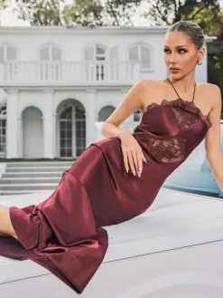 Dresses|Maxi Dresses*Mew Mews Fashion Quivara Halterneck Trimmed Satin Maxi Dress