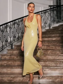 Dresses|Maxi Dresses*Mew Mews Fashion Radana Plunge Neck Flower Sequin Dress In Yellow