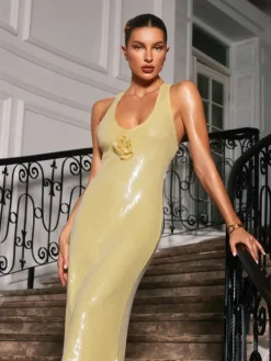 Dresses|Maxi Dresses*Mew Mews Fashion Radana Plunge Neck Flower Sequin Dress In Yellow