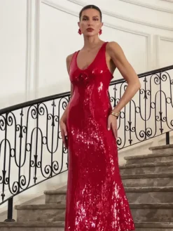 Dresses|Maxi Dresses*Mew Mews Fashion Radana Plunge Neck Flower Sequin Dress In Red