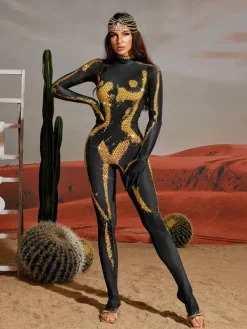 Jumpsuits & Romper|Embellishment*Embellishment O/S Radek Body Printed Rhinestone Gloves Jumpsuit In Gold