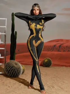 Jumpsuits & Romper|Embellishment*Embellishment O/S Radek Body Printed Rhinestone Gloves Jumpsuit In Gold