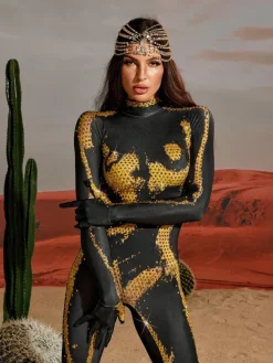 Jumpsuits & Romper|Embellishment*Embellishment O/S Radek Body Printed Rhinestone Gloves Jumpsuit In Gold