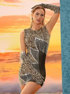 Embellishment|Dresses*Embellishment Ragnar Leopard Crystal Fringe Mesh Dress