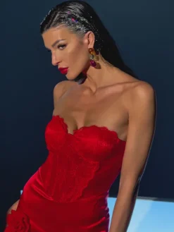 Dresses|Maxi Dresses*Mew Mews Fashion Raoul Strapless Lace Tulle Maxi Dress In Red
