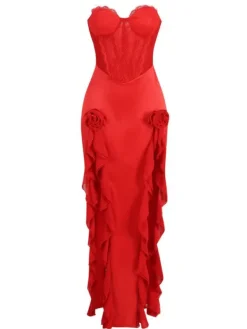 Dresses|Maxi Dresses*Mew Mews Fashion Raoul Strapless Lace Tulle Maxi Dress In Red
