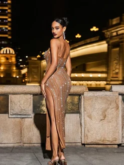Dresses|Maxi Dresses*Mew Mews Fashion Reinel Pearl Embellished Mesh Dress In Brown