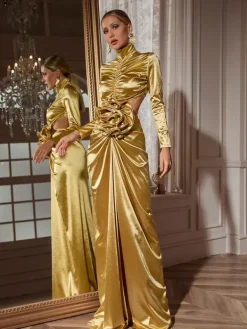Maxi Dresses|Dresses*Mew Mews Fashion Renwick Long Sleeve Flower Cutout Maxi Dress In Gold