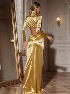 Maxi Dresses|Dresses*Mew Mews Fashion Renwick Long Sleeve Flower Cutout Maxi Dress In Gold