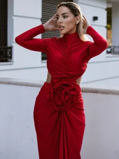 Dresses*Mew Mews Fashion Renwick Long Sleeve Flower Cutout Maxi Dress In Red