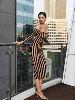Dresses*Mew Mews Fashion Rhya Off Shoulder Stripe Mesh Dress