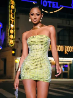 Dresses|Mini Dresses*Mew Mews Fashion Ridley Rhinestone Mesh Mini Dress In Green