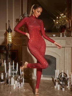 Jumpsuits & Romper*Jiu Bajia O/S Rosalyn Long Sleeve Rhinestone Jumpsuit In Red