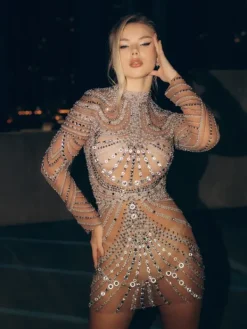 Embellishment|Dresses*Embellishment Ruben Long Sleeve Embellished Mesh Mini Dress
