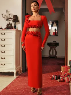 Sets & Co-ords*Bandage Rufus Flower Skirt Set In Red